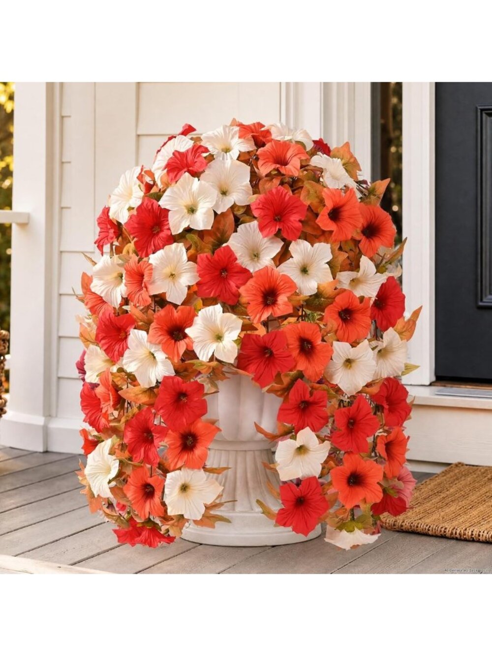 8Pcs UV Resistant Artificial Mums for Outdoors - Red, Orange & White Floral